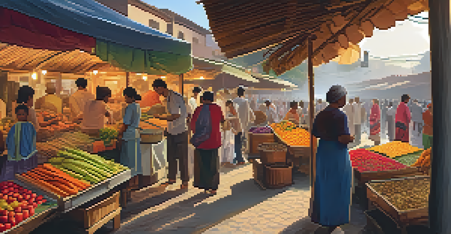 A lively local market at sunset, with colorful stalls and people interacting, showcasing fresh produce and crafts.