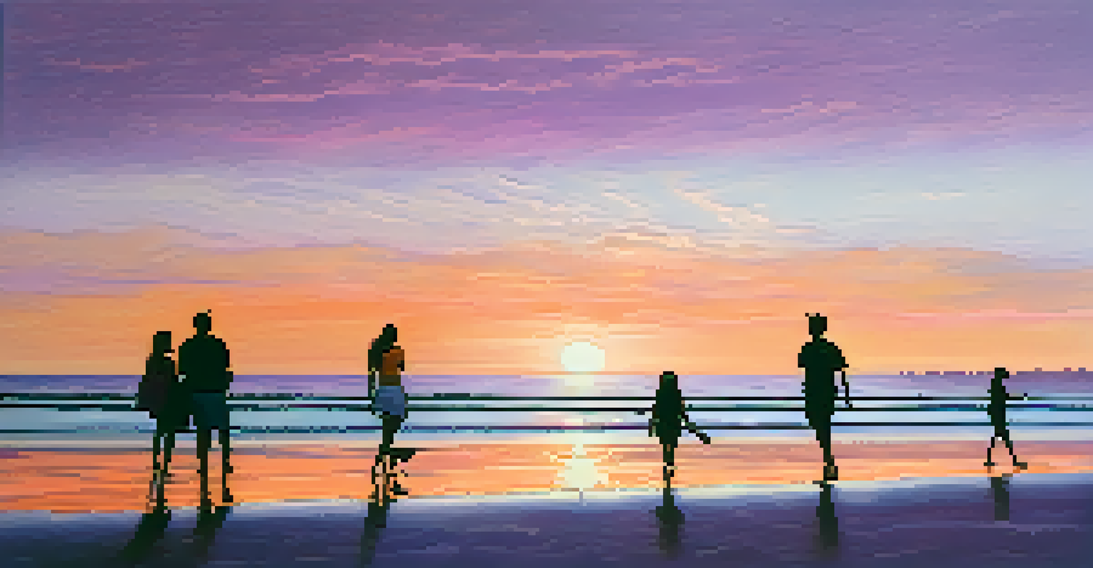 A tranquil beach at sunset with vibrant colors in the sky and people walking along the shore.