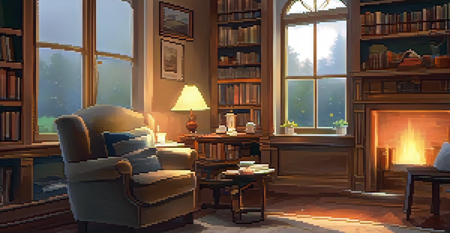 A cozy room with warm lighting, a person writing in a journal, and rain outside the window.