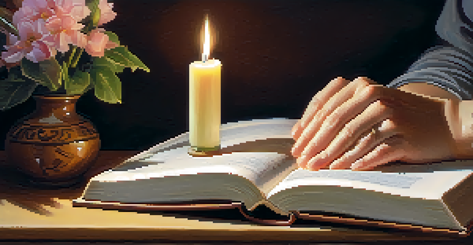 Close-up of hands clasped in prayer on an open book, in a softly lit room with warm tones and a flickering candle.