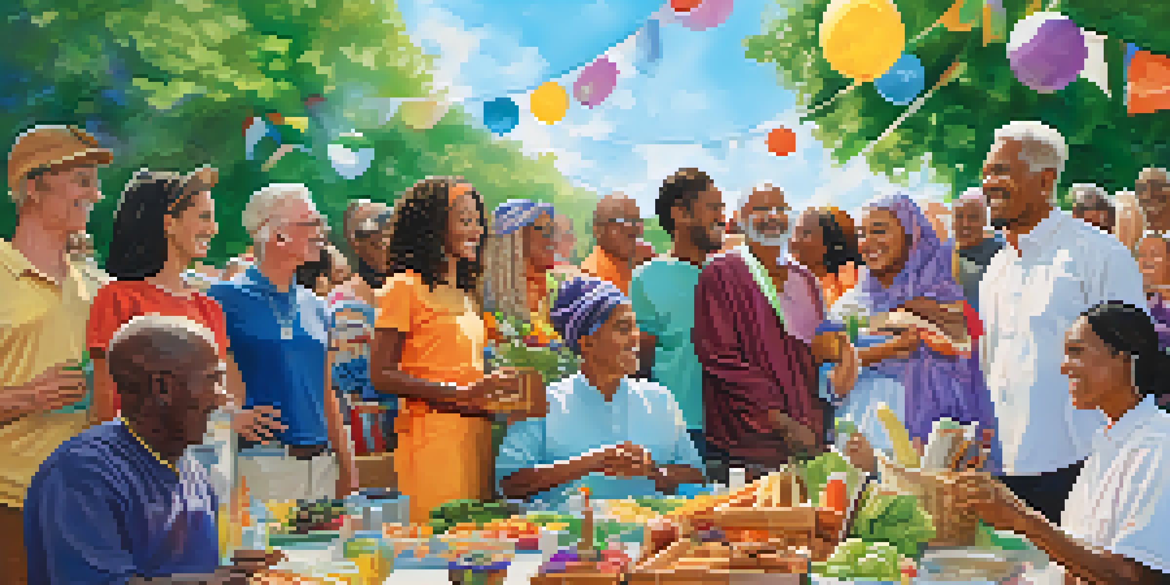 A diverse group of people gathered in a park for an interfaith event, sharing stories and enjoying a sunny day.