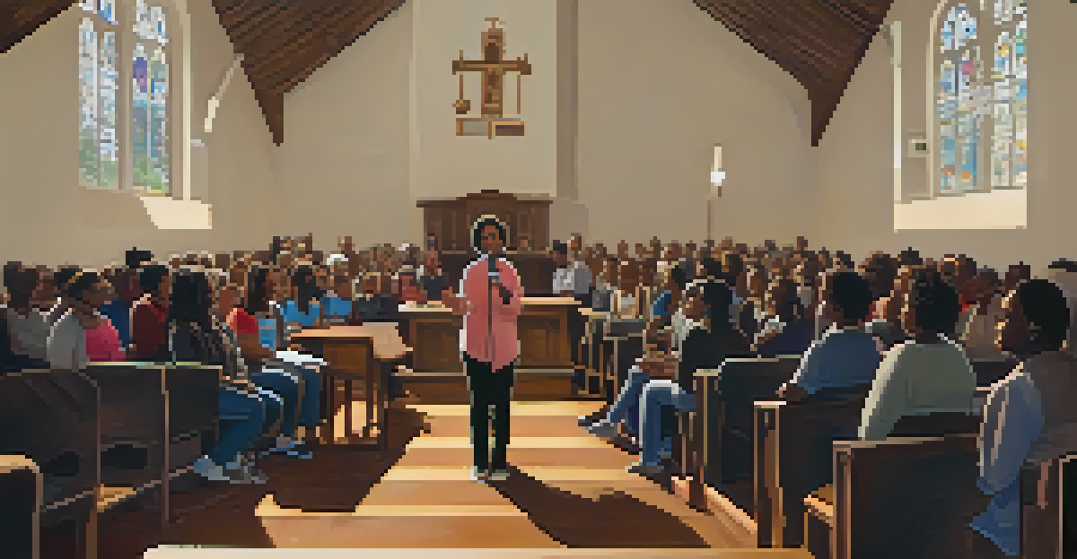 A young woman speaking at a podium in a church hall, addressing a group of people about social justice.