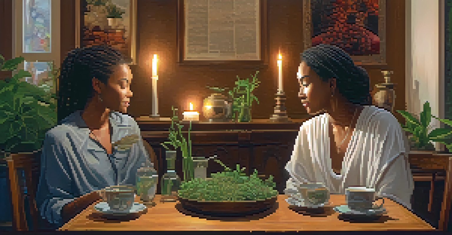 Two friends sitting in a cozy room, having a deep conversation over tea, surrounded by spiritual decor.