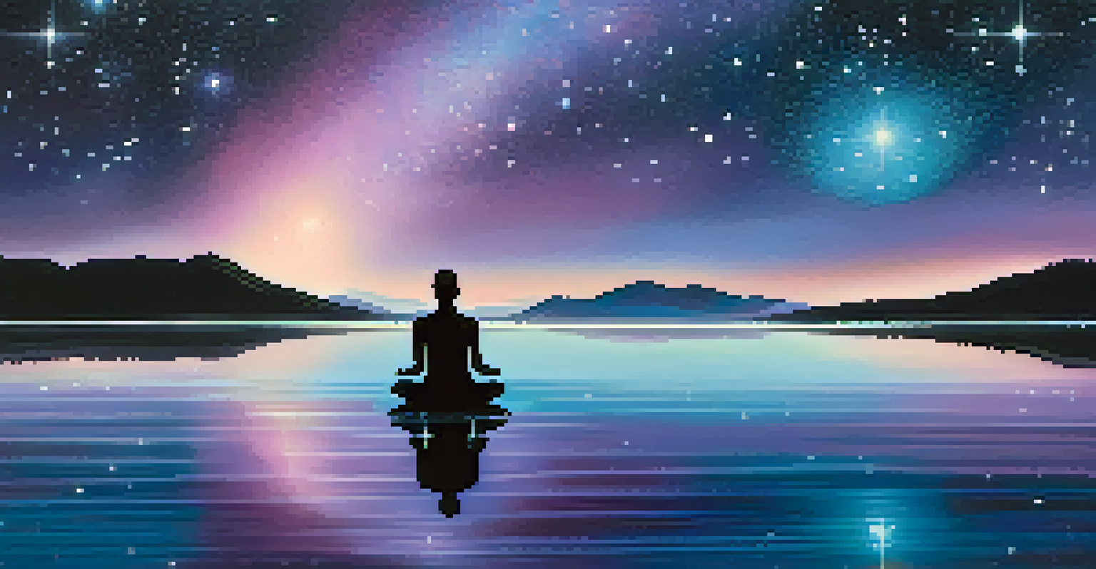 A person meditating by a mountain lake under a starry sky, reflecting the cosmos in the water, symbolizing peace and connection.