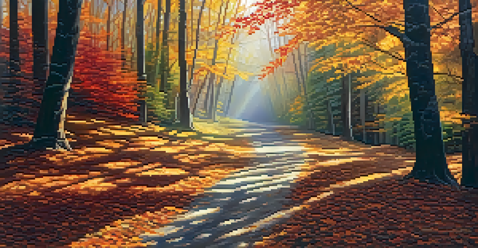 A colorful forest path in autumn with sunlight streaming through trees and vibrant leaves on the ground.