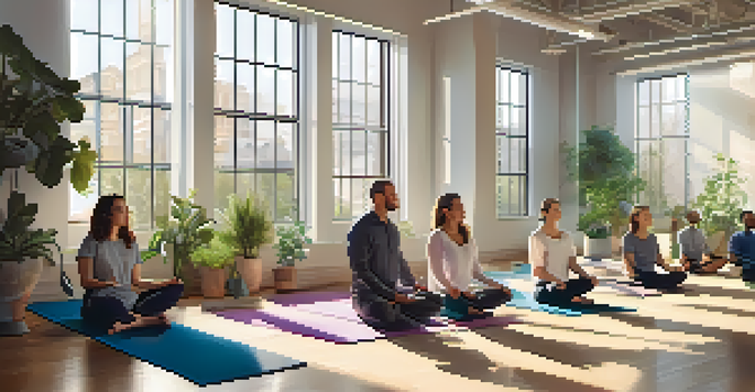 An office space with employees practicing mindfulness meditation on yoga mats, with natural light and plants around them.