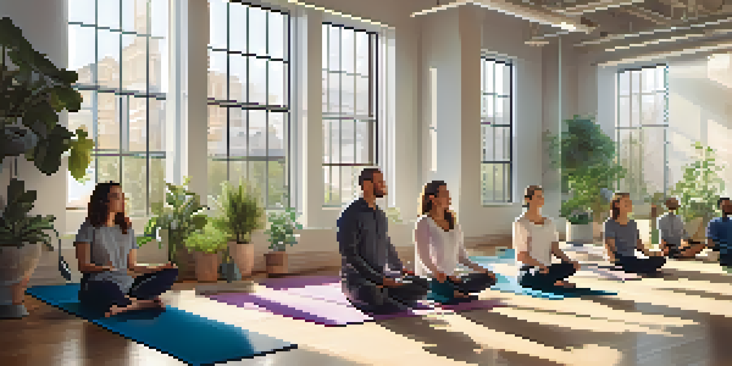 An office space with employees practicing mindfulness meditation on yoga mats, with natural light and plants around them.