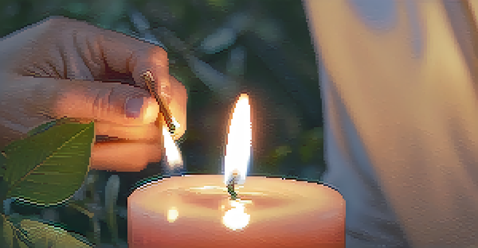 Close-up of hands lighting a candle during a reflective ritual, with a soft focus on the flame and hints of nature in the background.