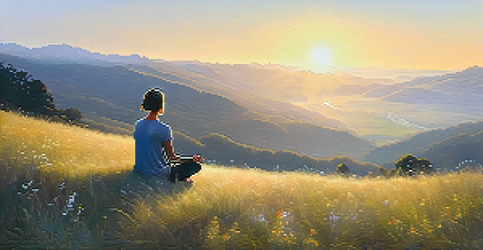 A person meditating on a grassy hilltop at sunrise, surrounded by wildflowers and misty mountains in the background.