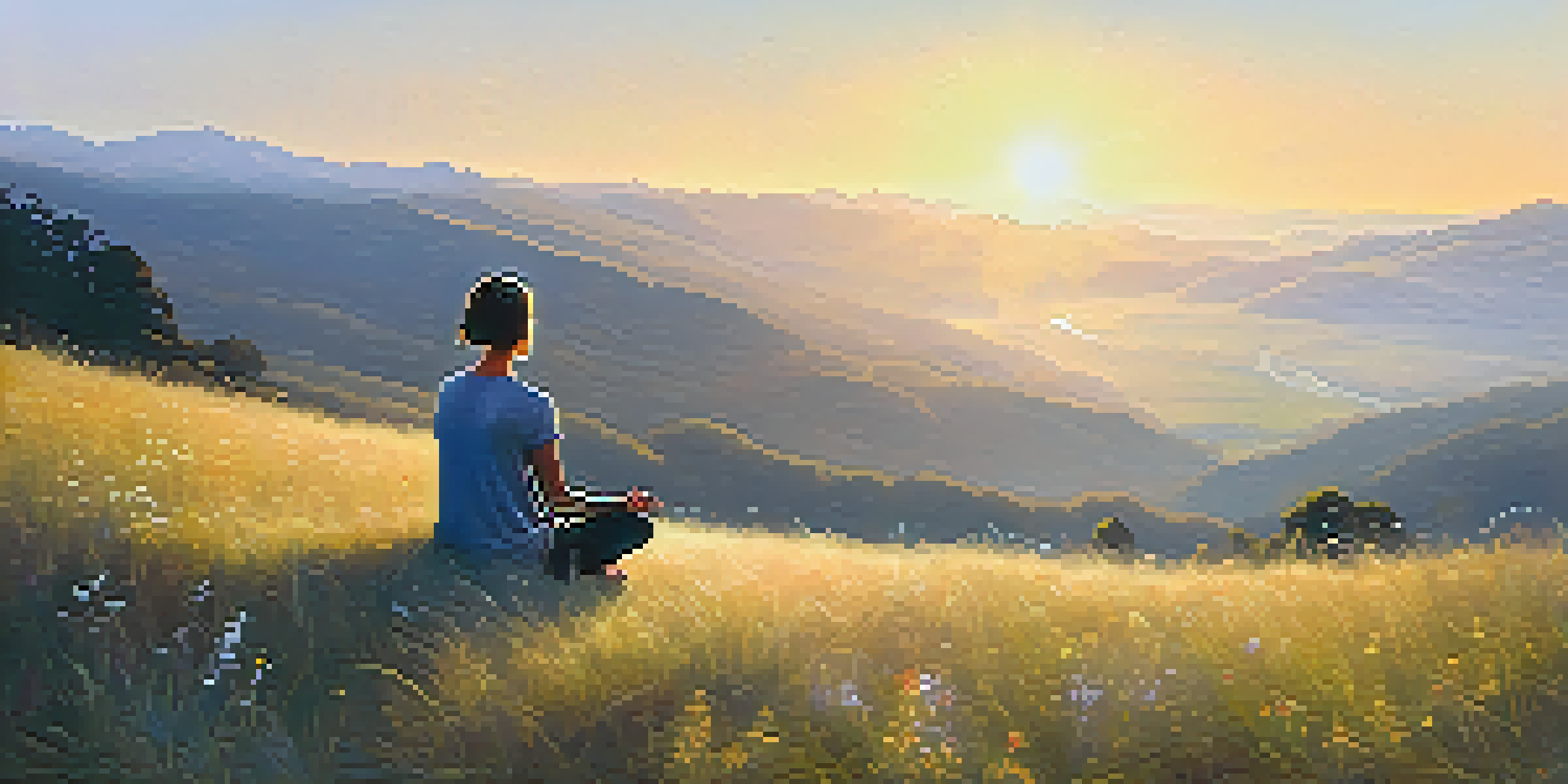 A person meditating on a grassy hilltop at sunrise, surrounded by wildflowers and misty mountains in the background.