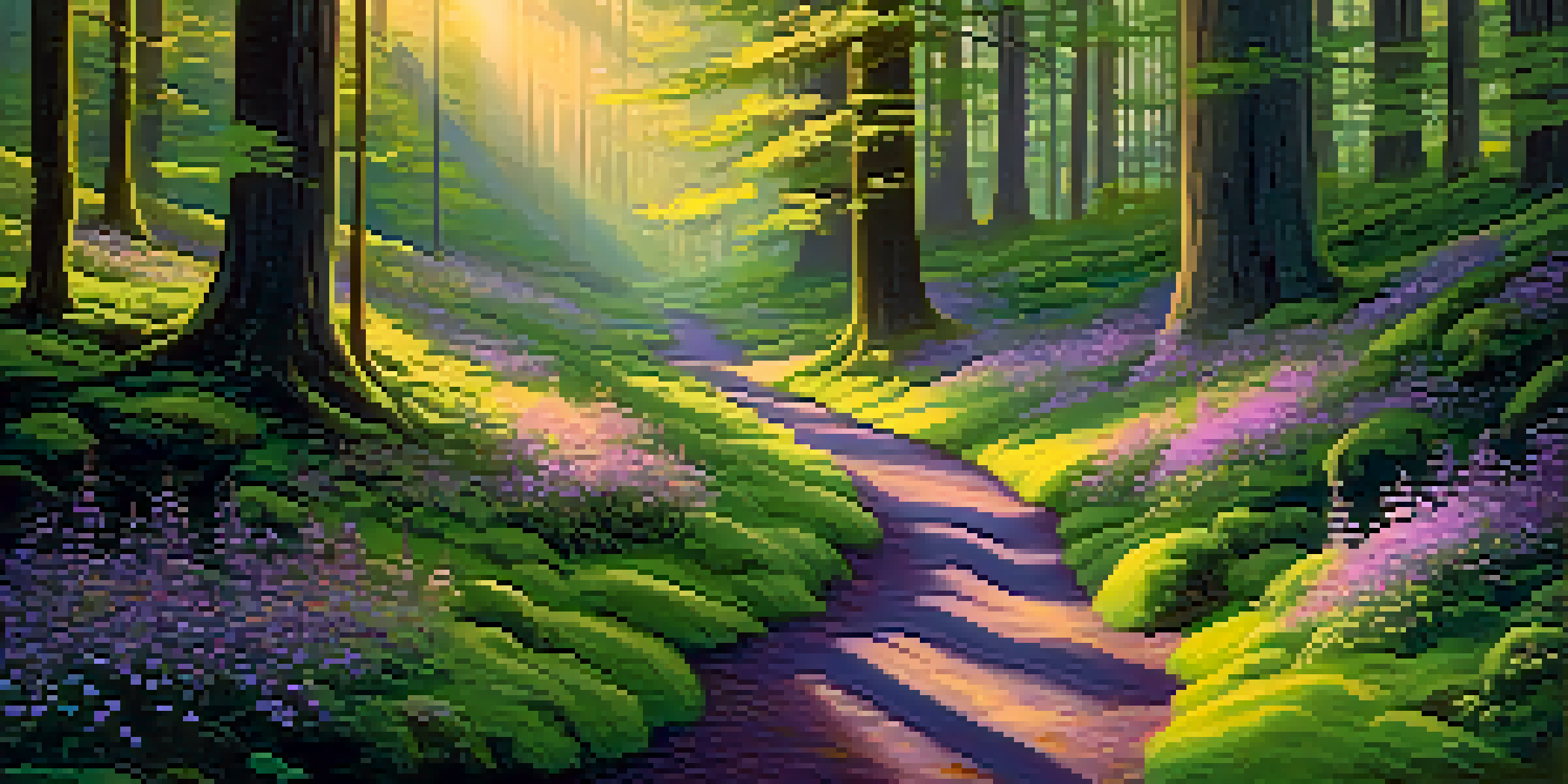 A peaceful forest at sunrise with tall trees, golden light, and a winding path surrounded by colorful wildflowers.