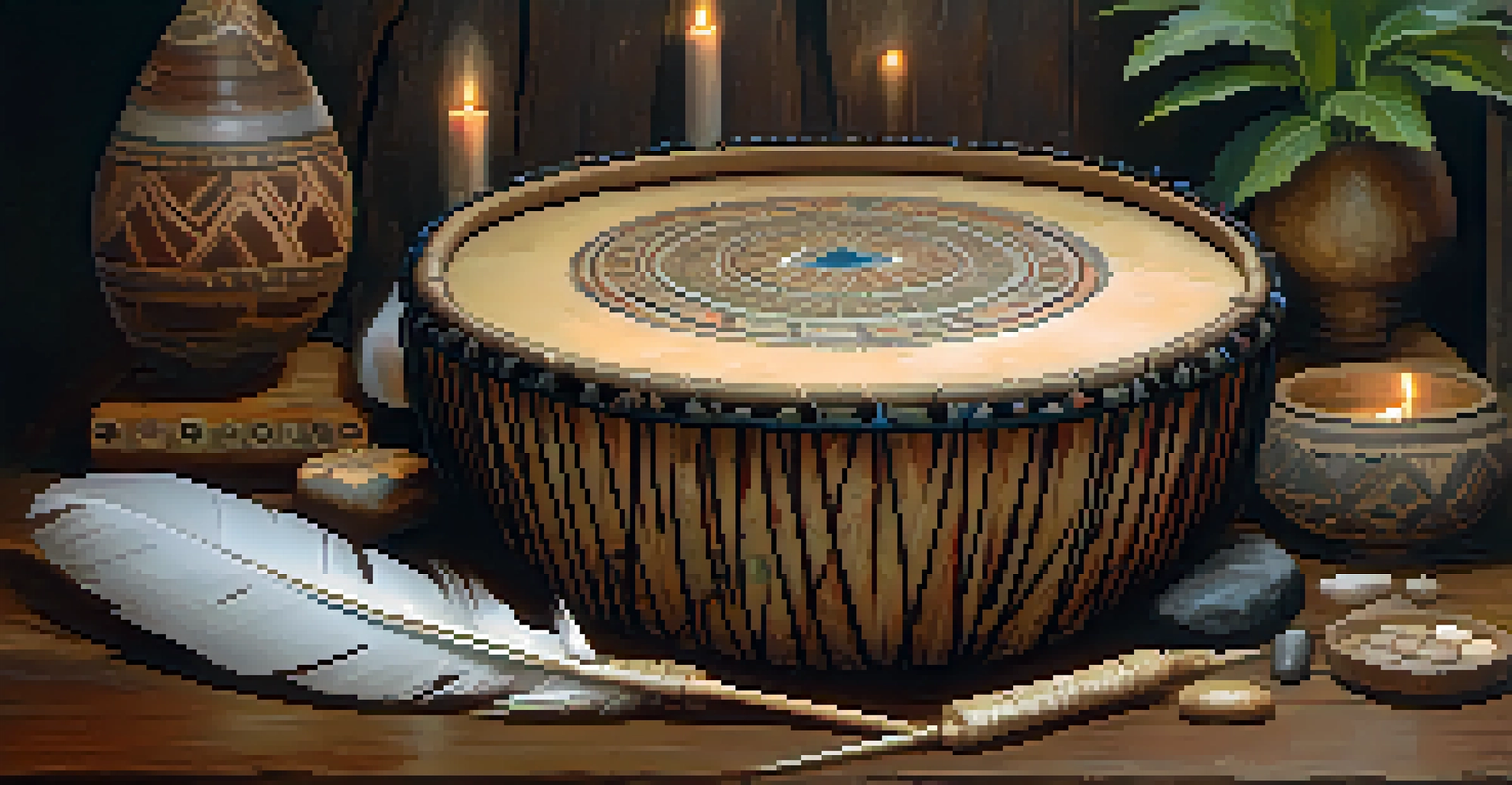 A close-up of an intricately designed shamanic drum on a rustic table, surrounded by feathers and stones, illuminated by warm light.
