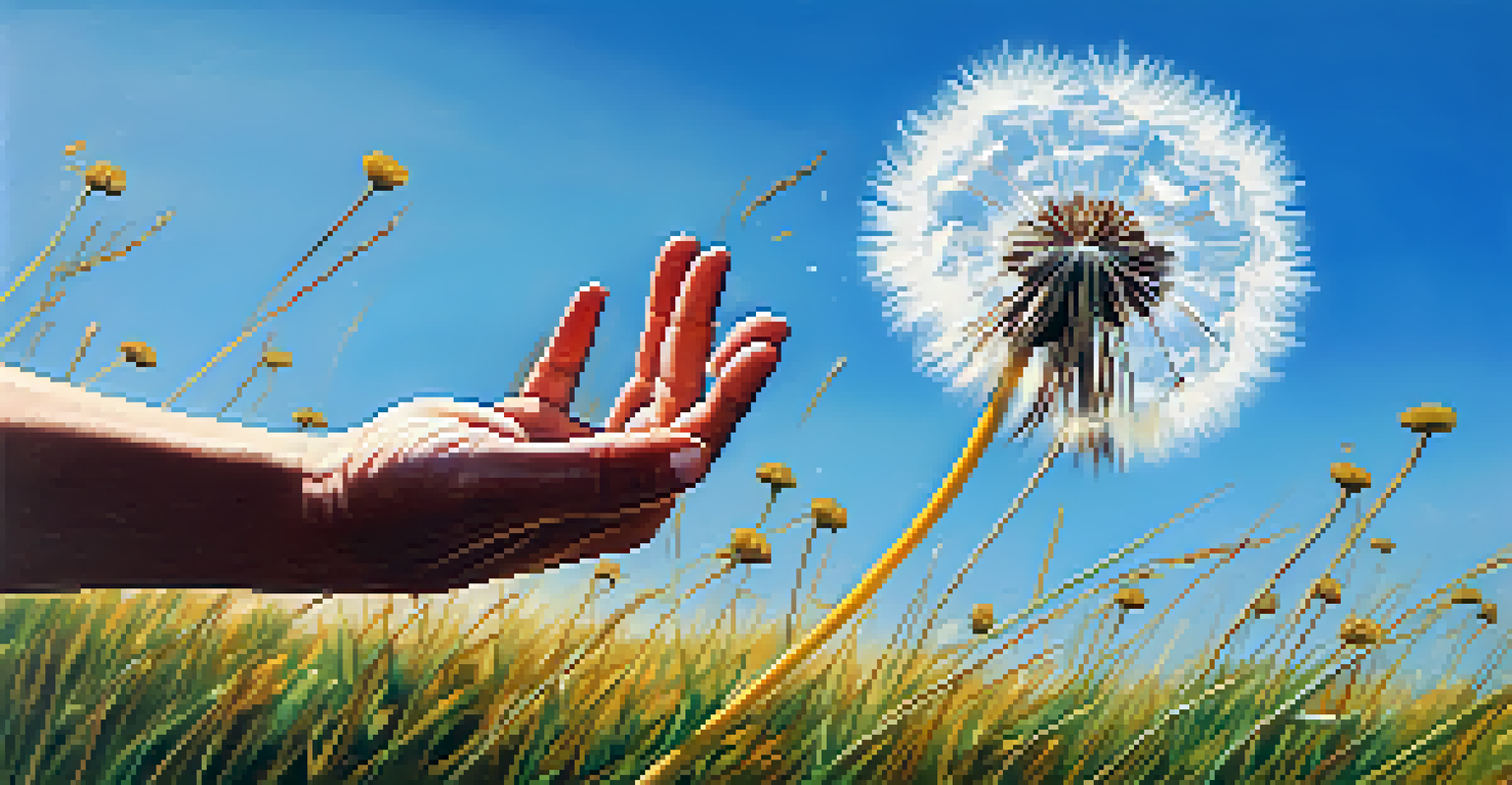 Close-up of hands releasing a dandelion puff into the wind, with a meadow in the background.