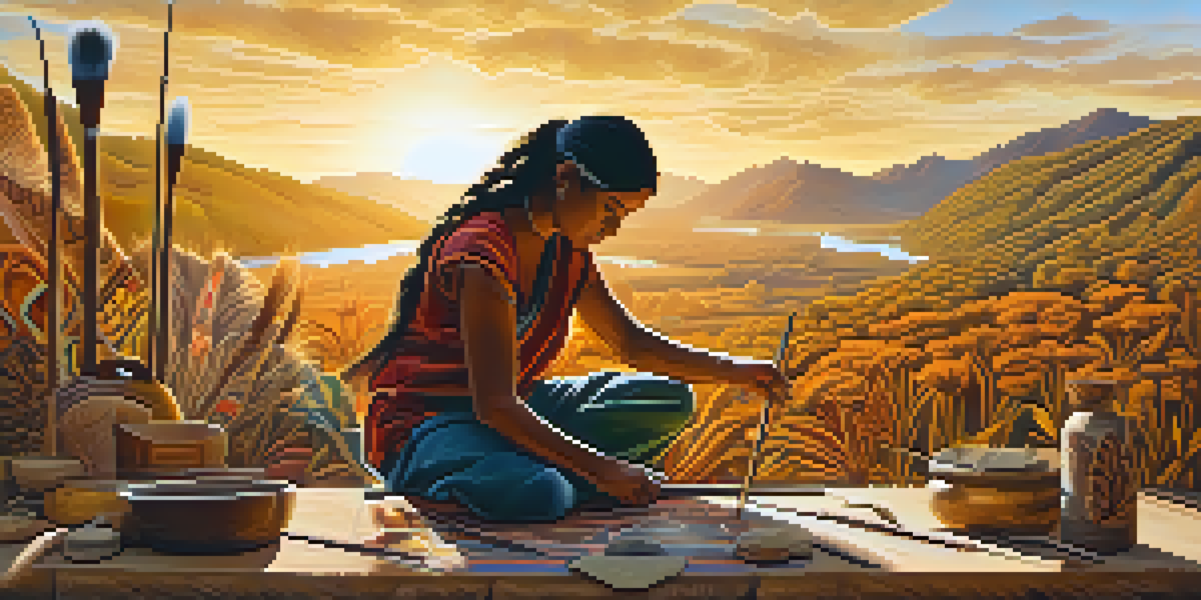 An Indigenous artist painting a large mural in a natural setting, with the sun setting in the background and vibrant colors.
