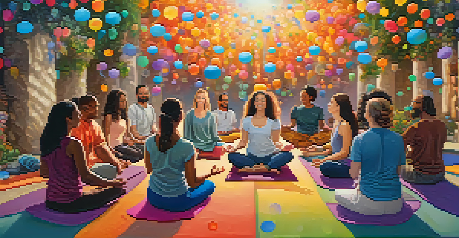 A diverse group of individuals engaged in spiritual activities in a virtual space, surrounded by colorful chat bubbles and icons.
