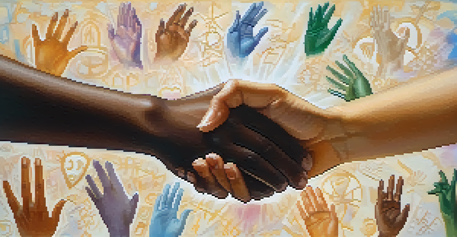 Hands of different ethnicities united in a gesture of understanding, with symbols of various faiths in the soft background.