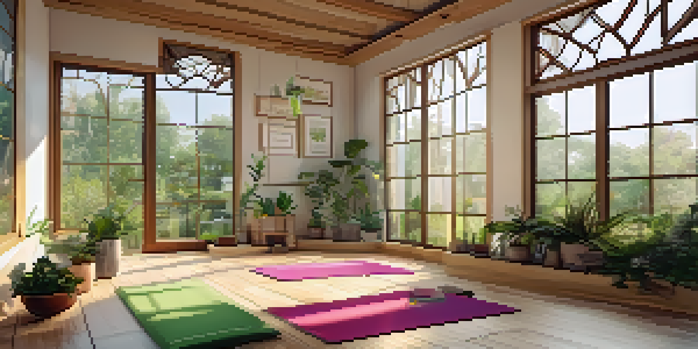 A peaceful yoga studio filled with natural light, featuring wooden floors and large windows overlooking a garden, decorated with plants and meditation props.