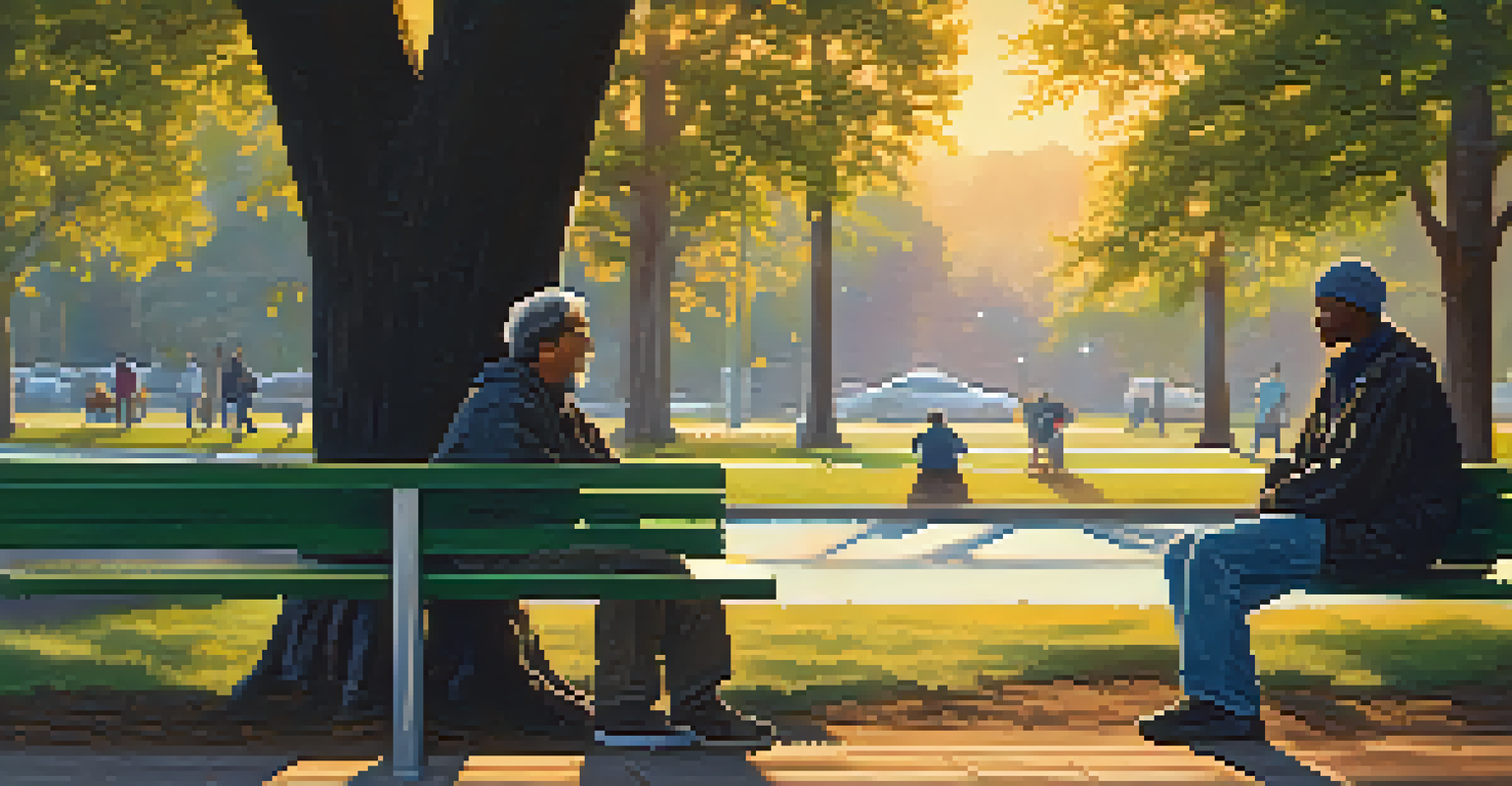 A person and a homeless individual engaged in conversation on a park bench, with a warm sunset in the background.