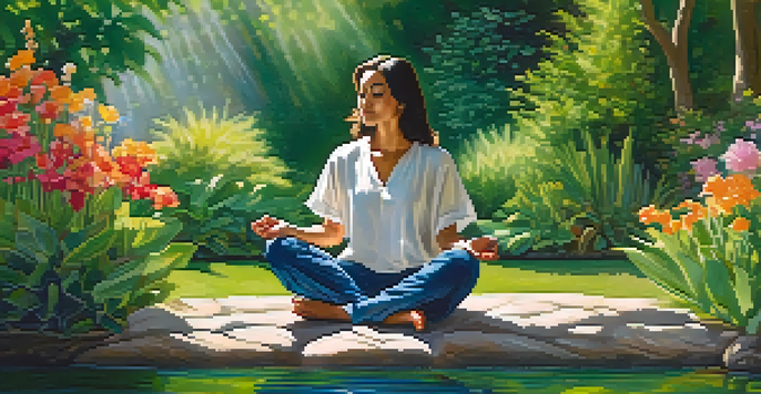 A person meditating in a tranquil garden, surrounded by greenery and flowers, with soft sunlight filtering through the leaves.