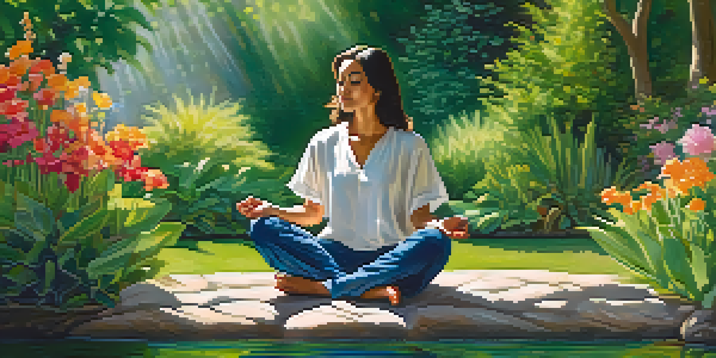 A person meditating in a tranquil garden, surrounded by greenery and flowers, with soft sunlight filtering through the leaves.