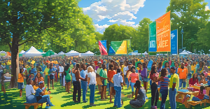 A diverse group of people in a park engaging in discussions and activities for social justice, with colorful banners and a sunny sky.