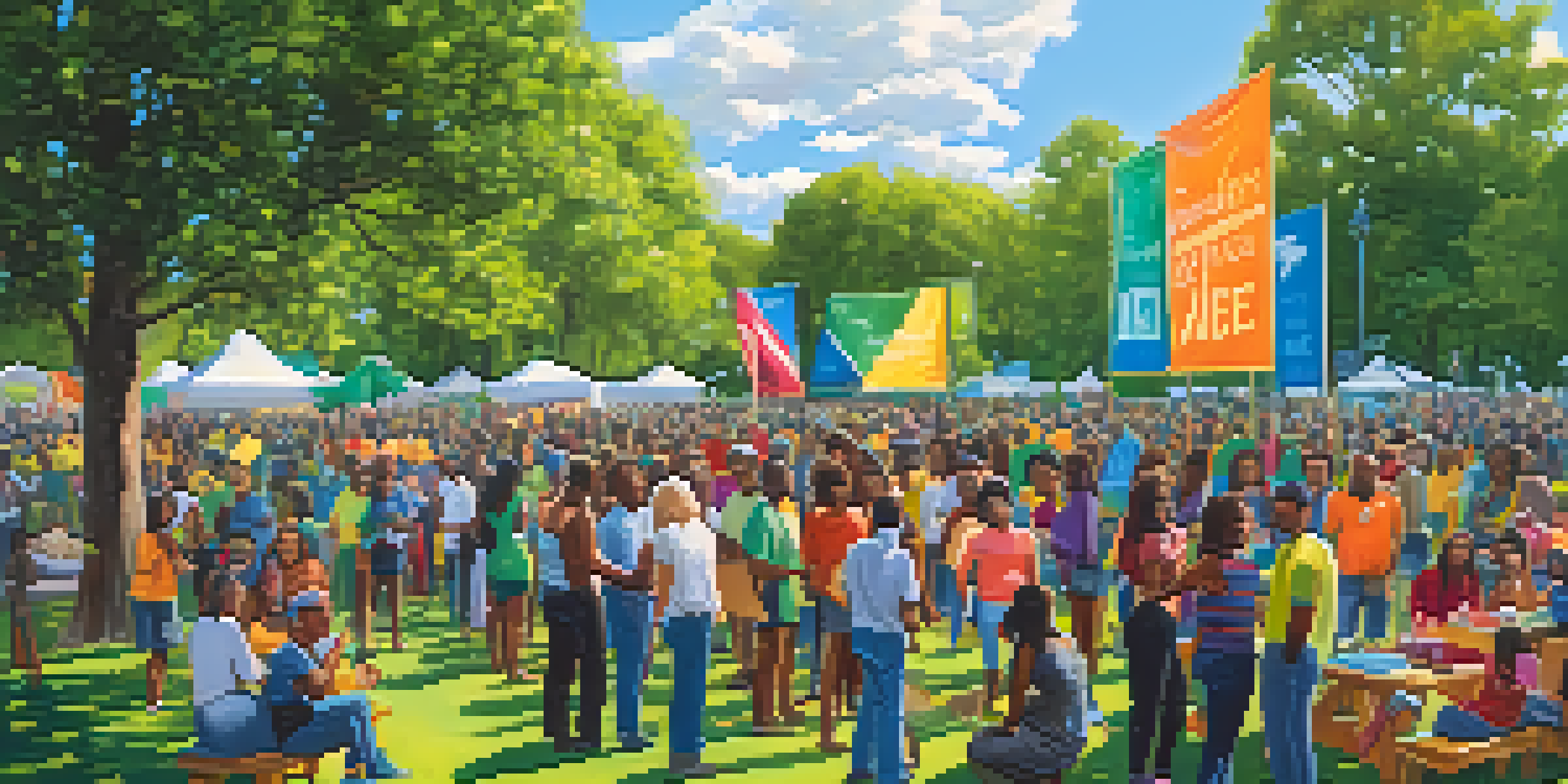 A diverse group of people in a park engaging in discussions and activities for social justice, with colorful banners and a sunny sky.