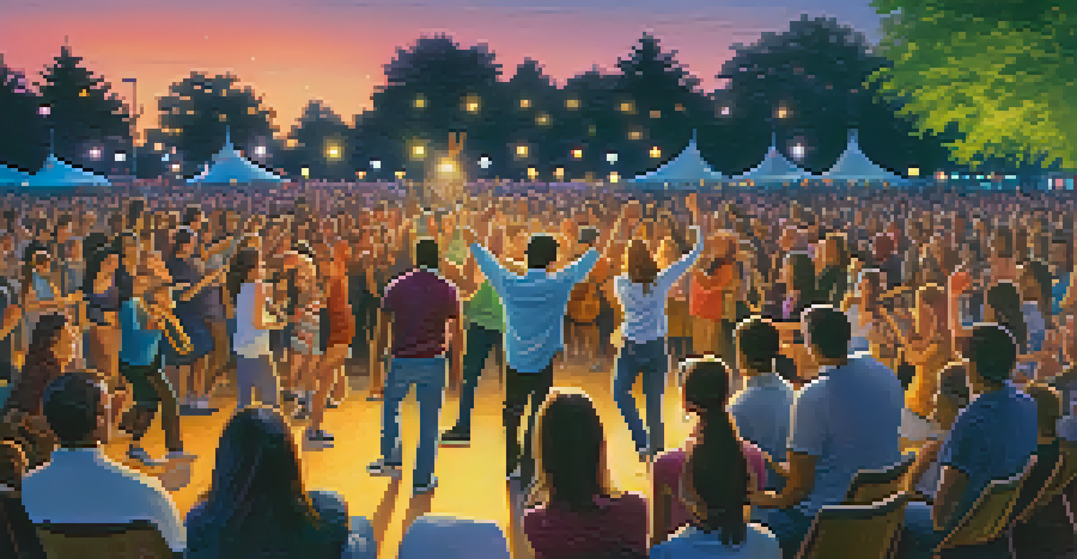 A lively outdoor concert scene with people enjoying live music, colorful lights, and a twilight sky in the background.