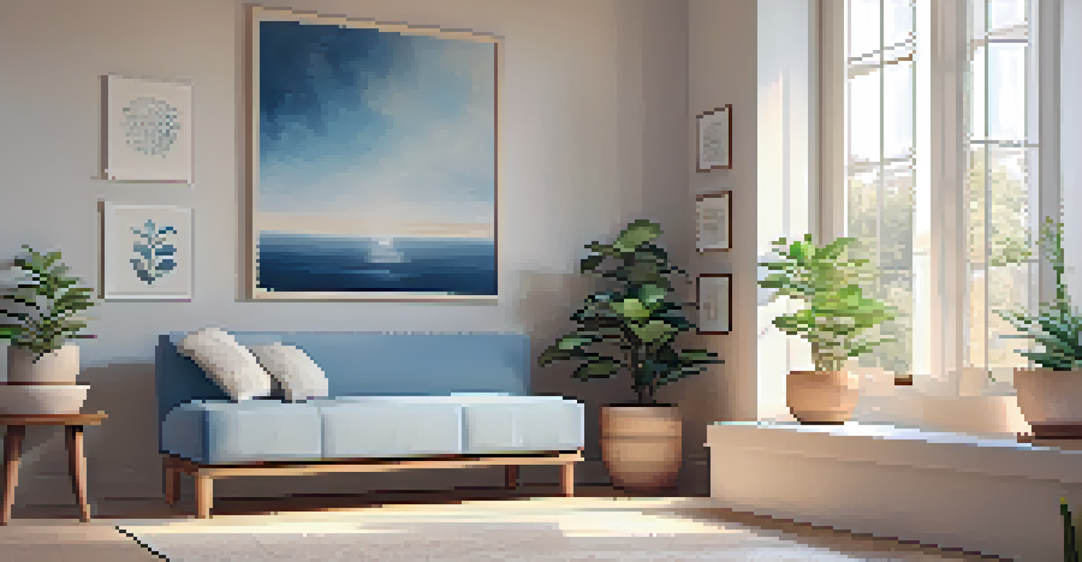 A cozy indoor meditation corner with cushions, a plant, and calming artwork.