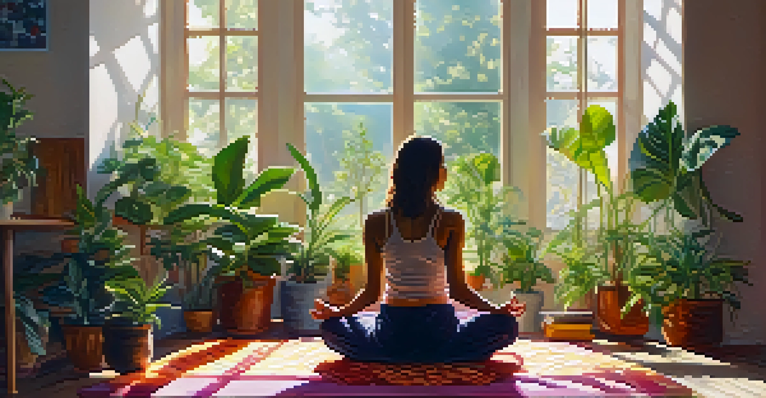 A person meditating on a colorful mat in a sunlit room filled with plants, exuding peace and tranquility.