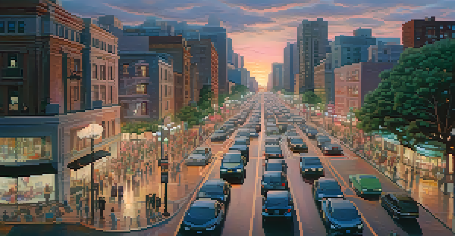 A woman practicing mindfulness in a busy city intersection, contrasting with the fast-paced surrounding environment.
