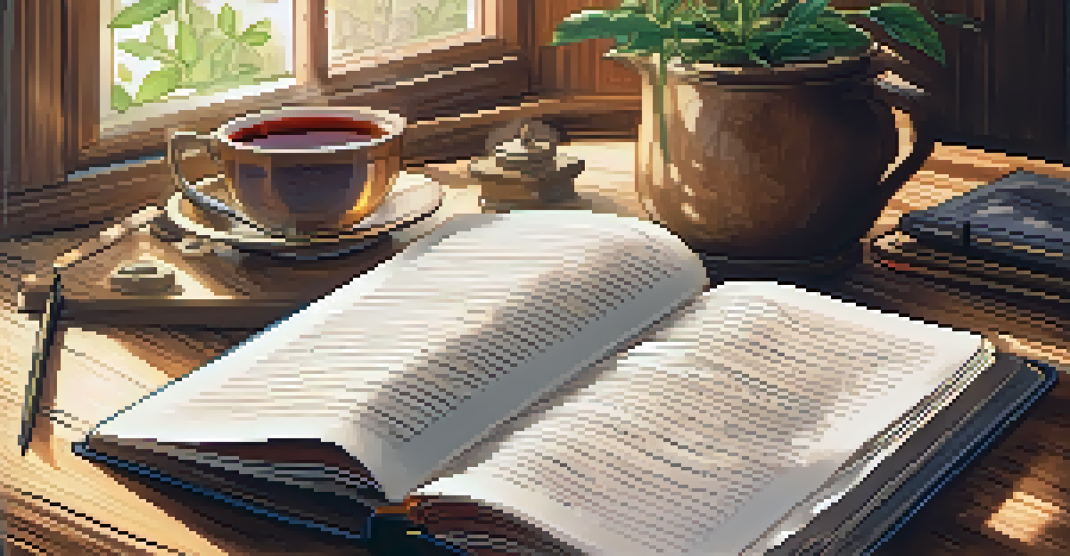 An open journal with handwritten notes and a cup of tea on a wooden table.