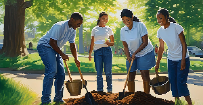 A diverse group of people joyfully planting trees together in a bright, sunlit park, emphasizing teamwork and community spirit.