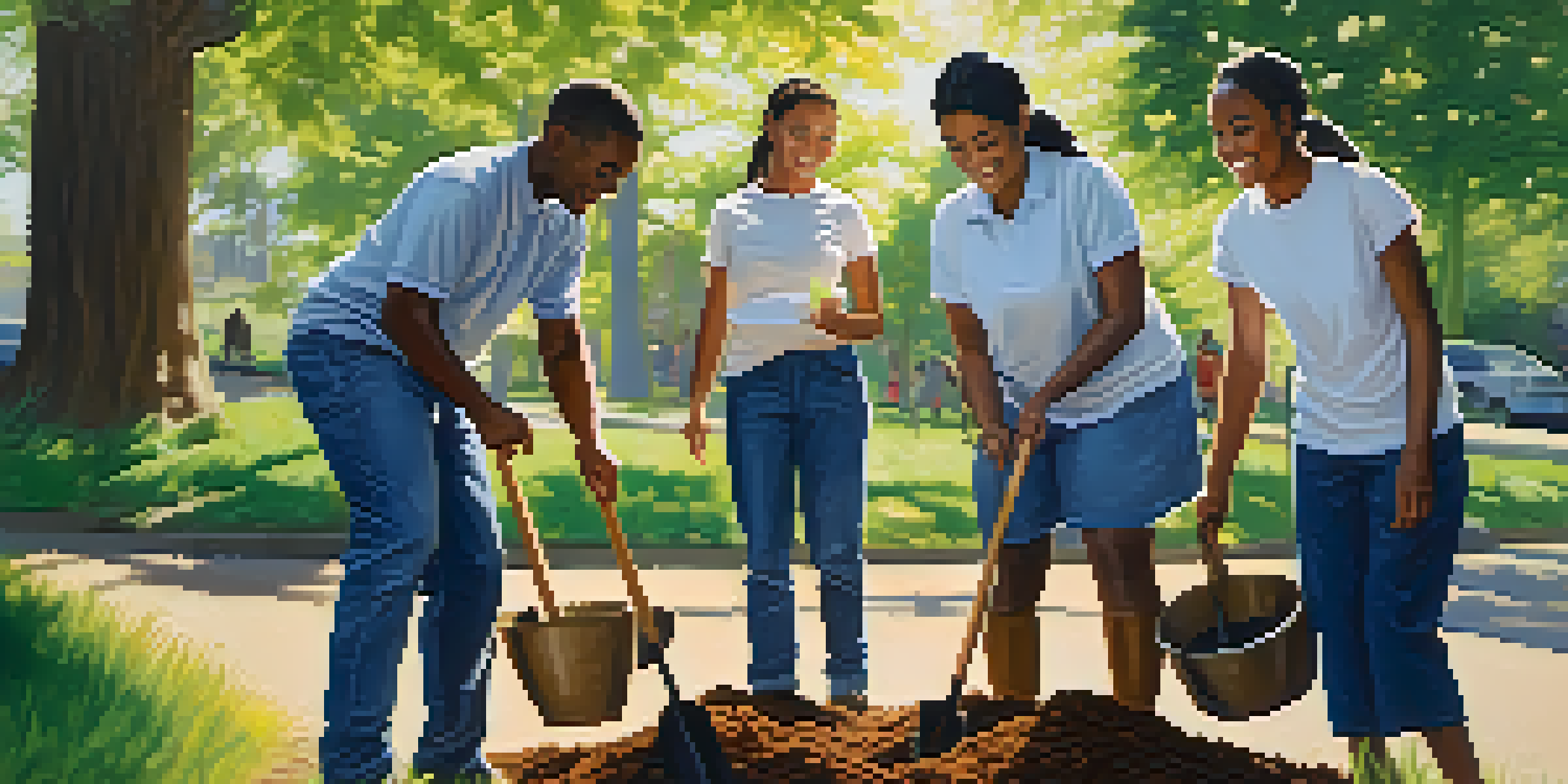 A diverse group of people joyfully planting trees together in a bright, sunlit park, emphasizing teamwork and community spirit.