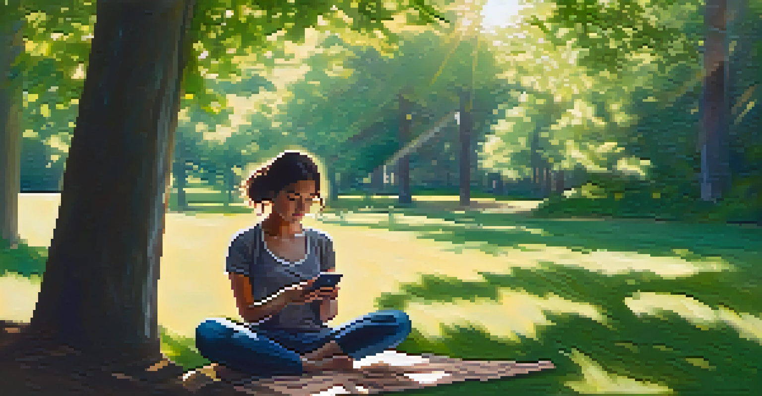 A person using a mindfulness app on a smartphone in a peaceful outdoor setting, surrounded by greenery and sunlight.