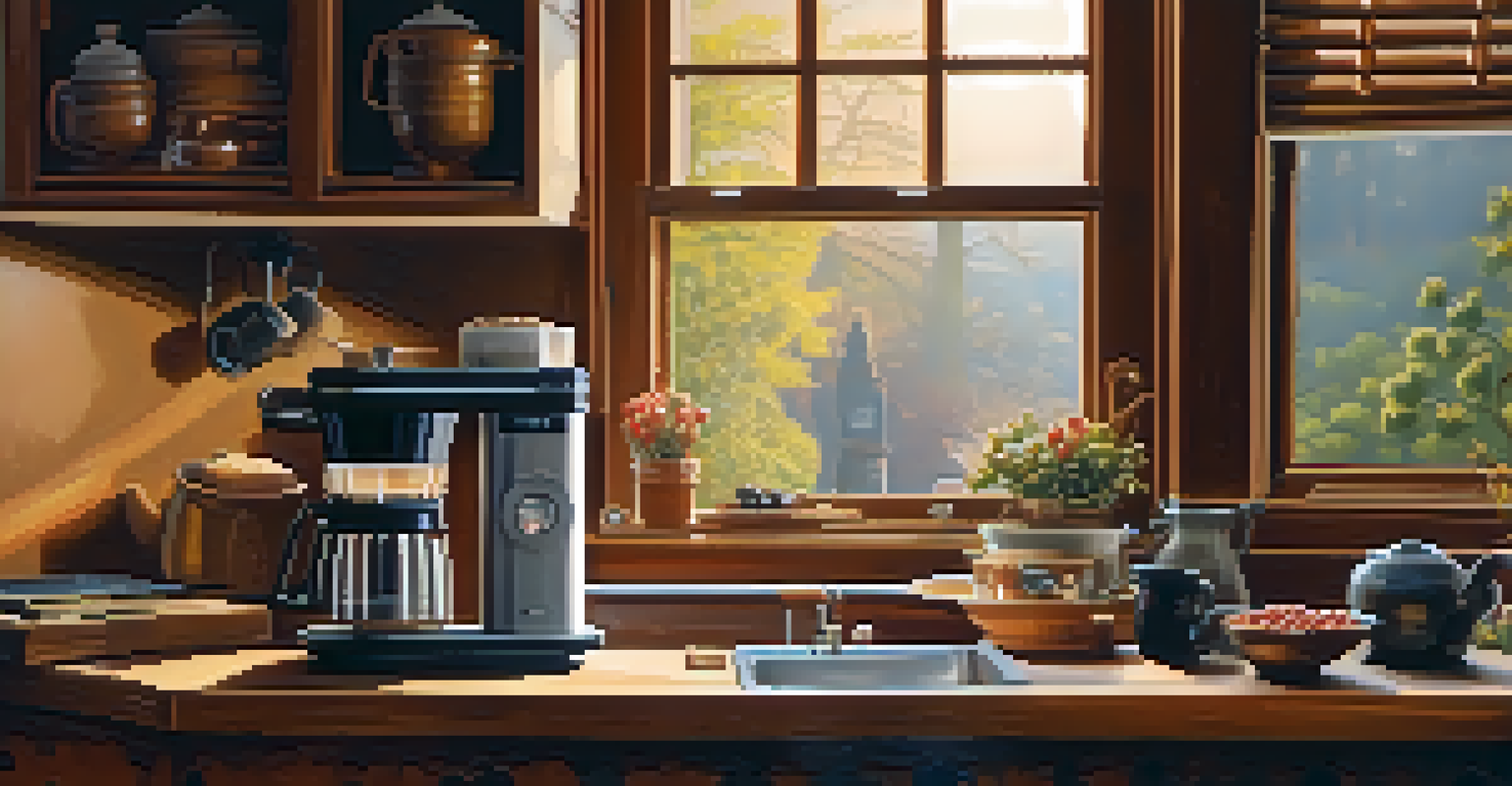 A person brewing coffee in a cozy kitchen, with coffee beans and a steaming cup on the counter.