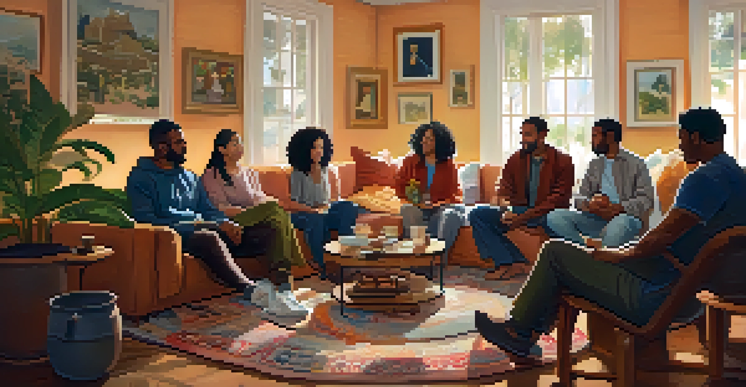 A cozy community gathering with diverse people sharing stories in a warmly lit room.