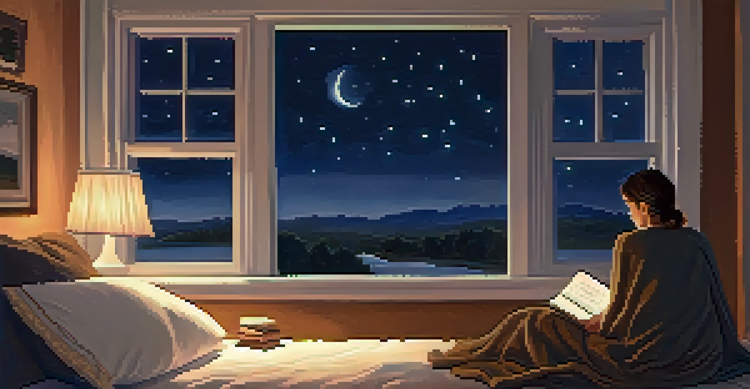 A person sitting on a bed, writing in a gratitude journal under soft ambient lighting, with a starry night visible outside.