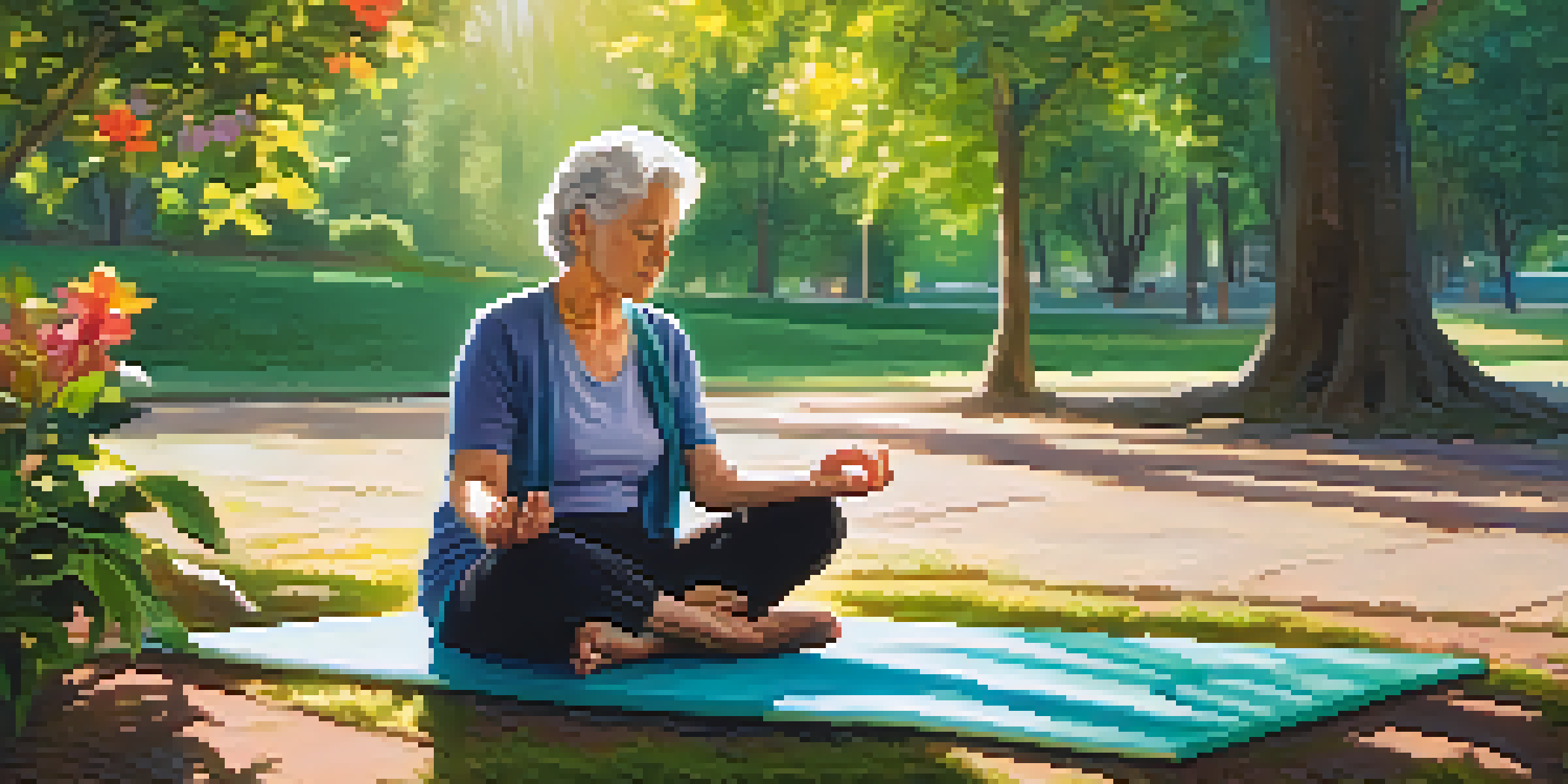 An elderly person meditating peacefully in a bright park surrounded by flowers and greenery.
