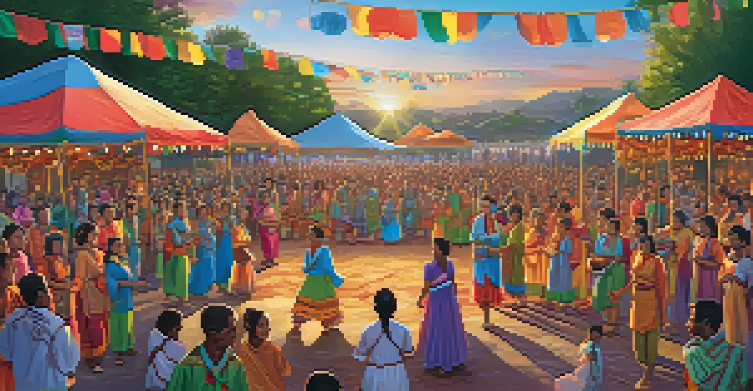 A lively community festival featuring diverse cultural rituals, with people dancing and sharing food under a banner that reads 'Unity in Diversity' as the sun sets.