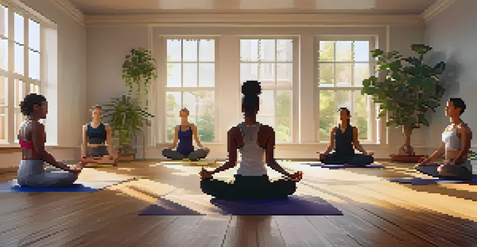 A diverse group of individuals practicing yoga in a sunlit room, promoting mindfulness and body acceptance.