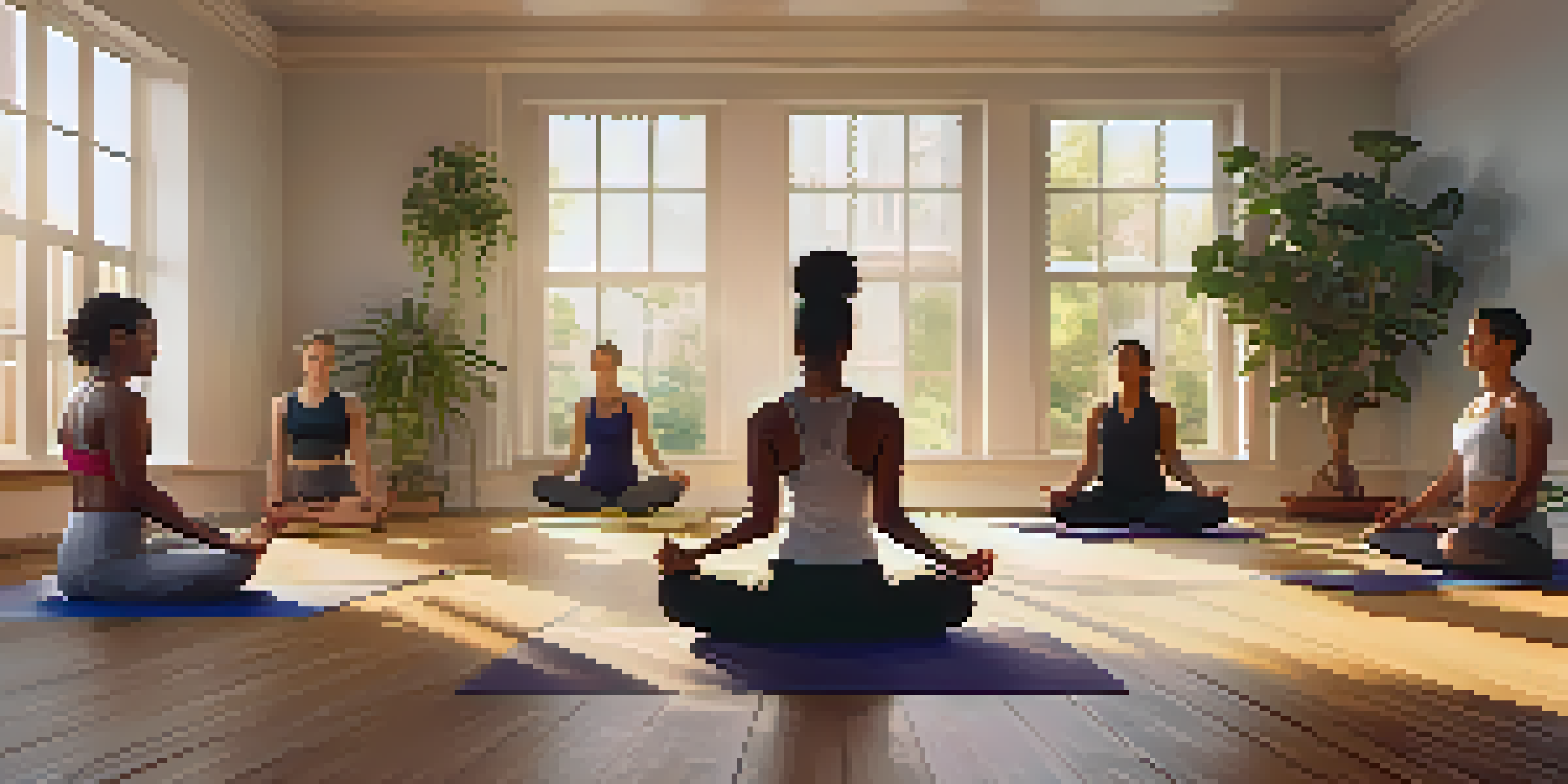 A diverse group of individuals practicing yoga in a sunlit room, promoting mindfulness and body acceptance.