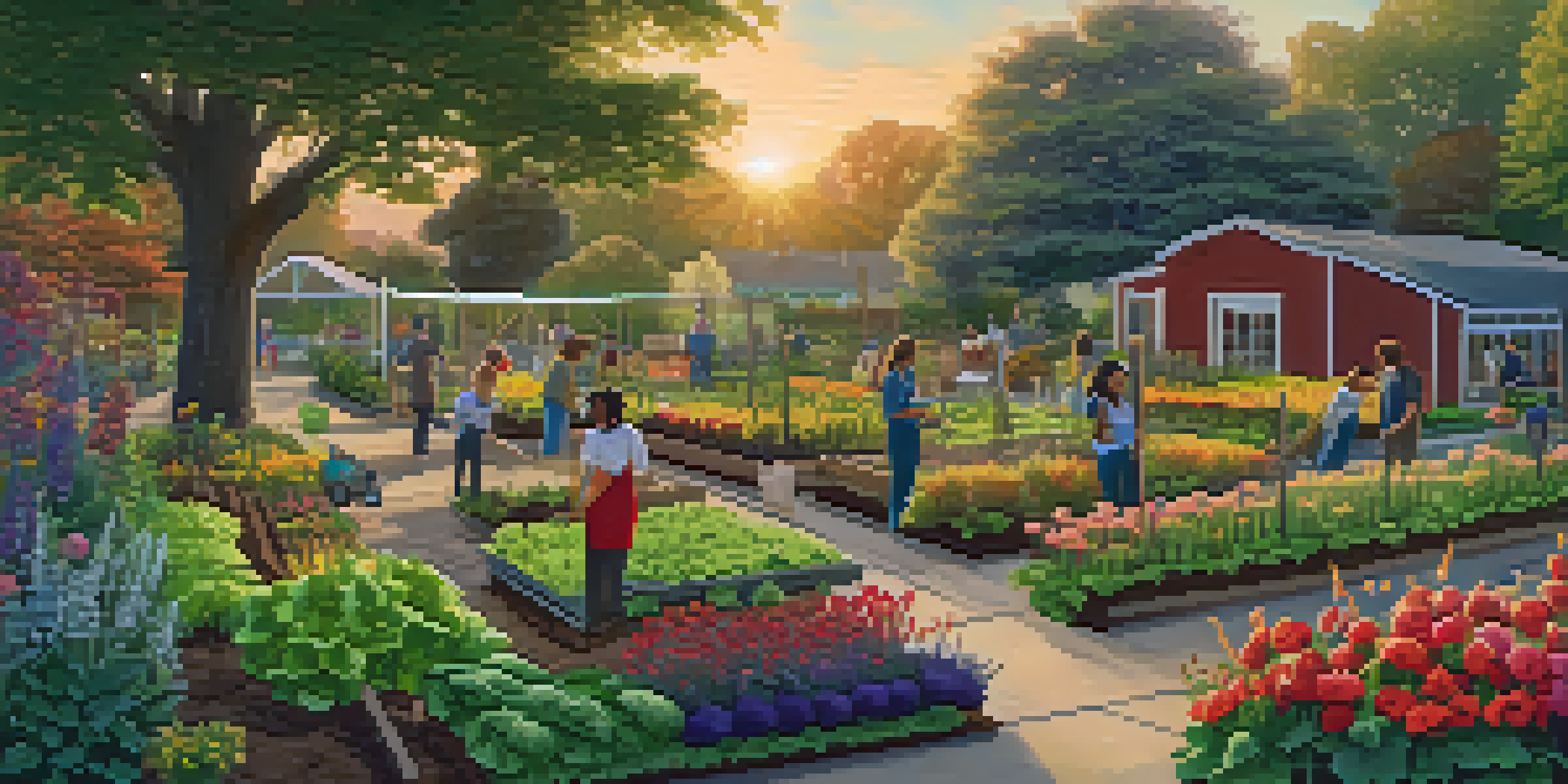 A community garden at sunset with diverse individuals working together, surrounded by flowers and vegetables.
