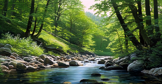 A peaceful river in a lush green forest with sunlight filtering through the leaves, surrounded by stones and wildflowers.
