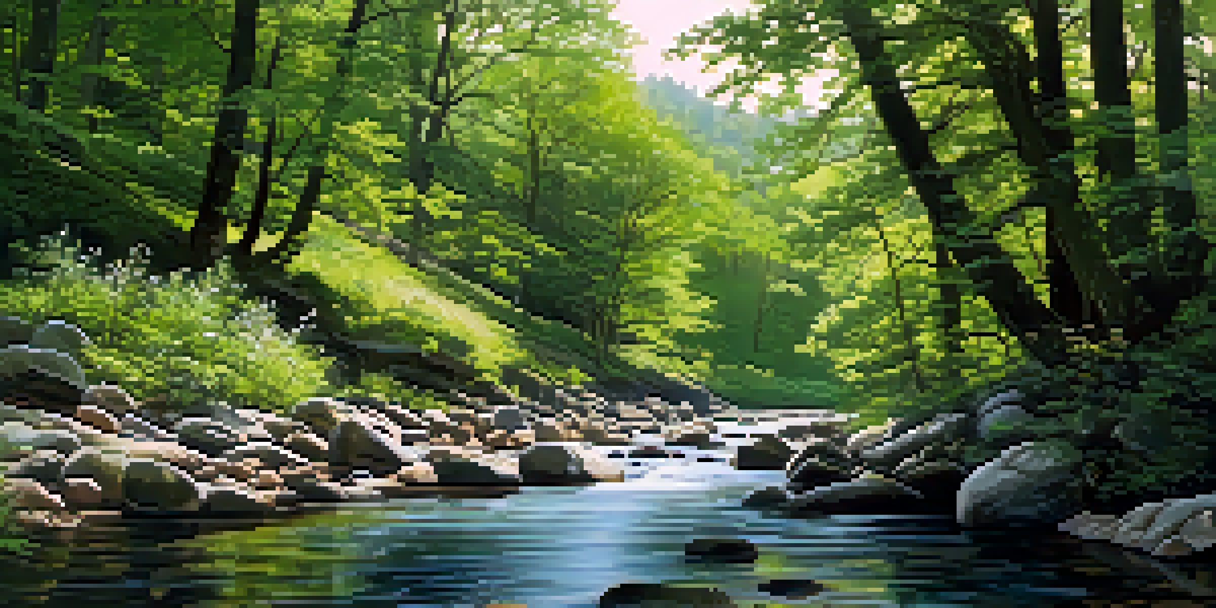 A peaceful river in a lush green forest with sunlight filtering through the leaves, surrounded by stones and wildflowers.