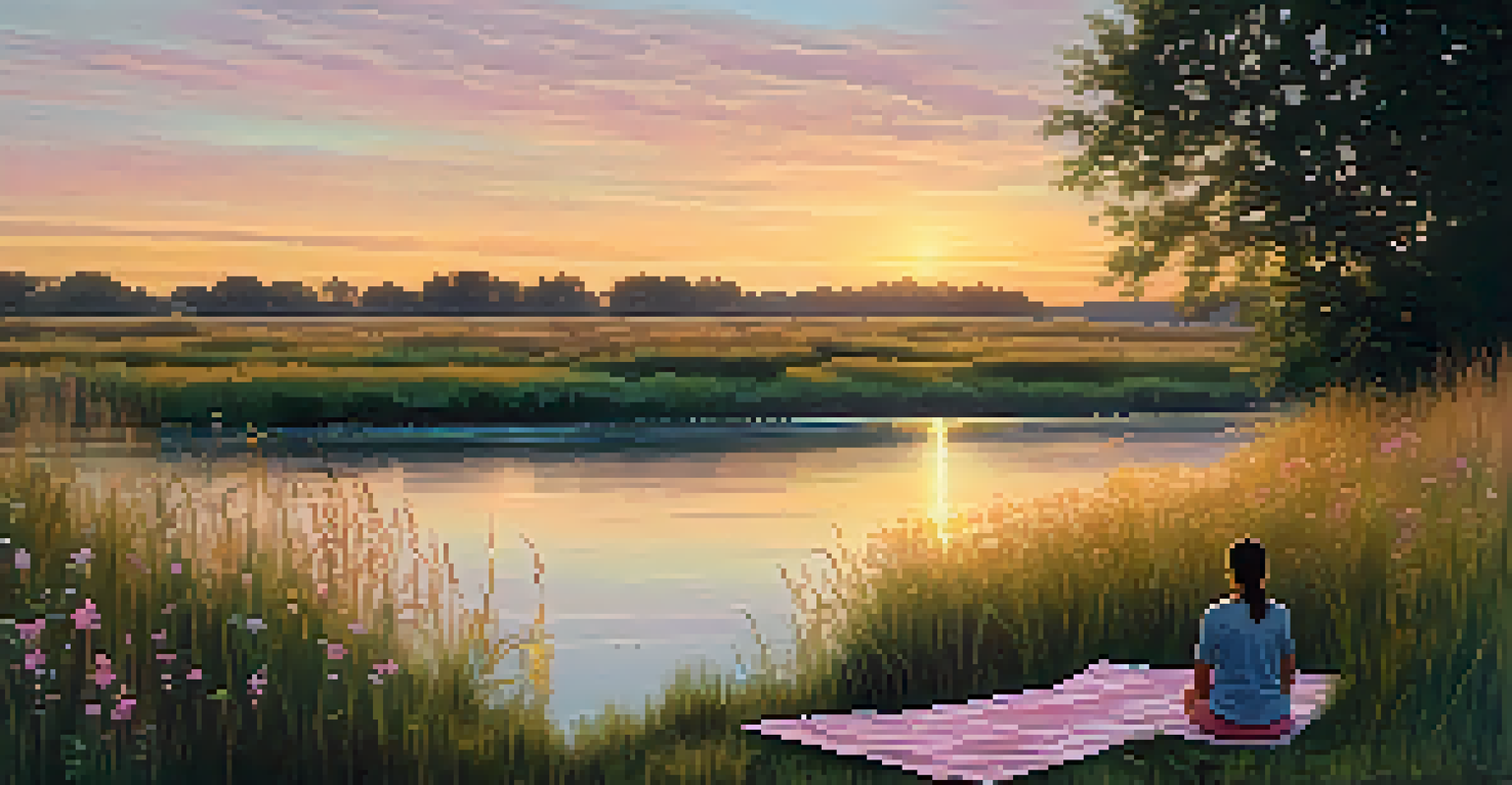 A riverbank at sunset with a person meditating, surrounded by flowers and soft grass.