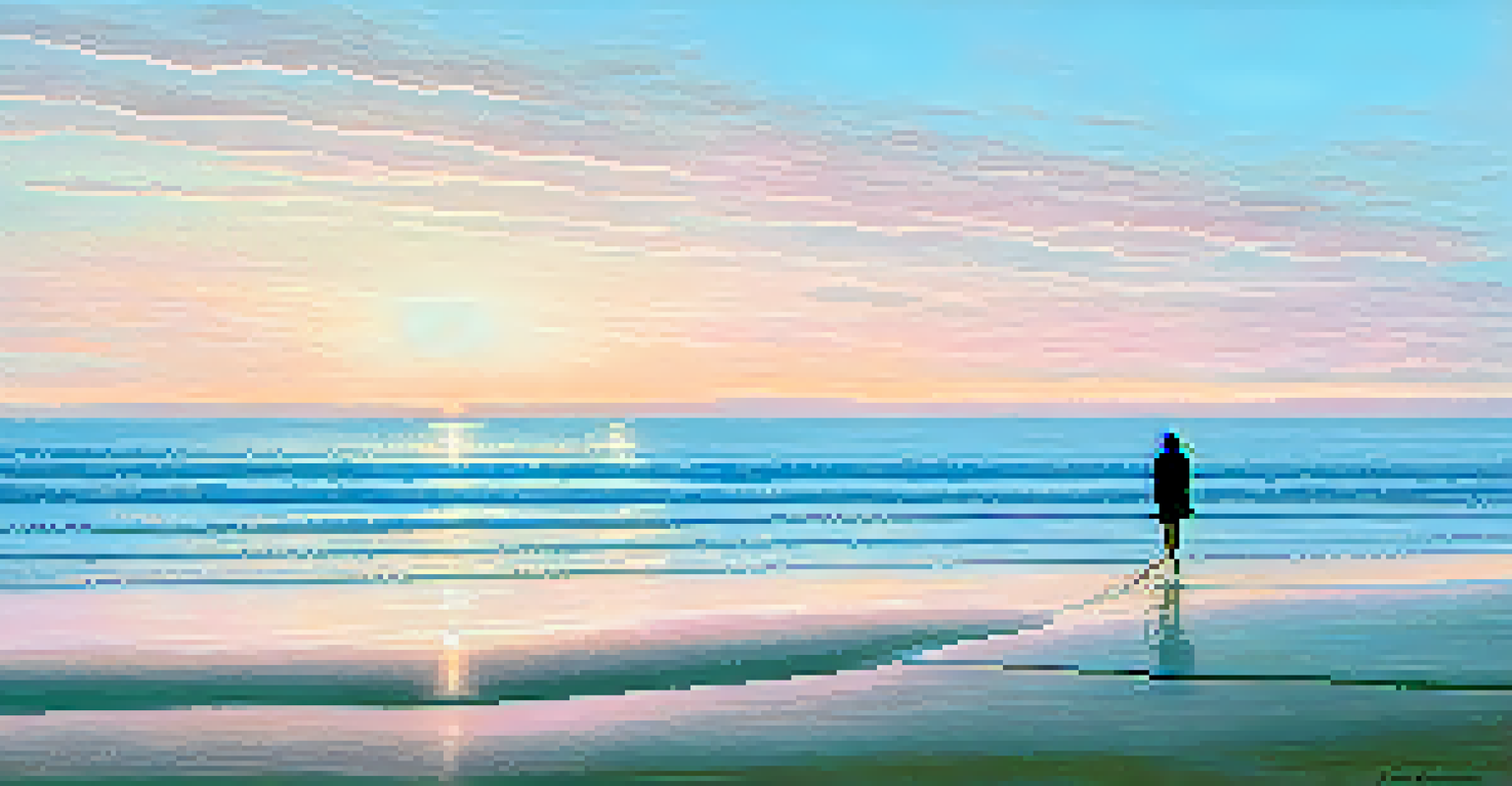 A calm beach at dawn with gentle waves, pastel sky colors, and a solitary figure walking along the shore.