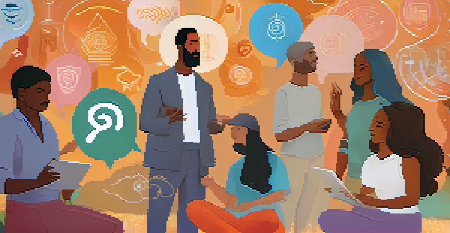 A visual representation of a diverse online spiritual community engaging in conversation with various spiritual symbols.