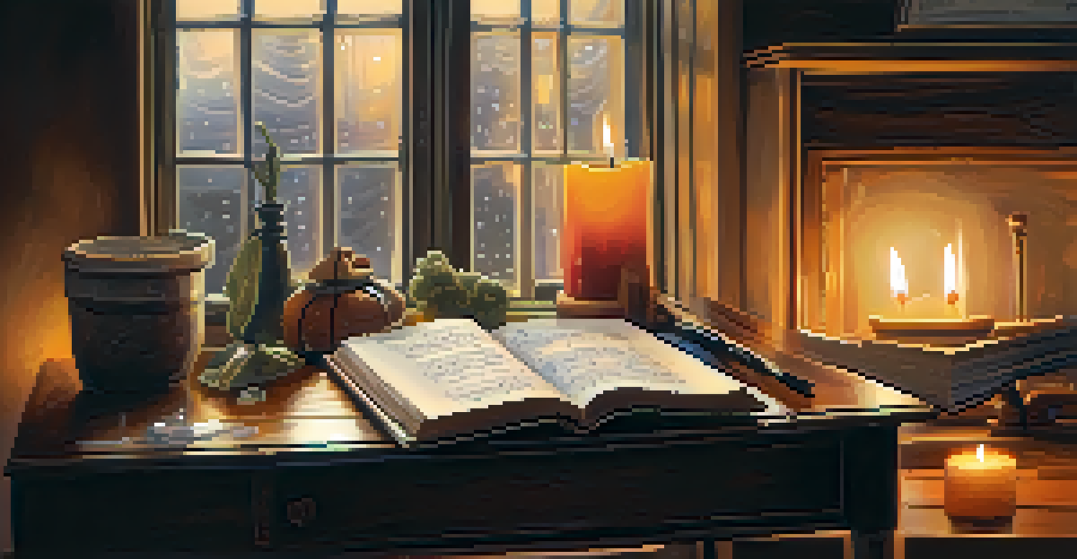 A cozy writing nook with books and instruments, featuring a flickering candle and handwritten lyrics on a desk, with rain visible outside.