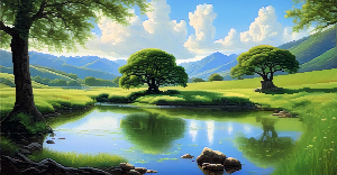 A peaceful valley with a large oak tree, a flowing stream, and distant mountains under a clear blue sky.