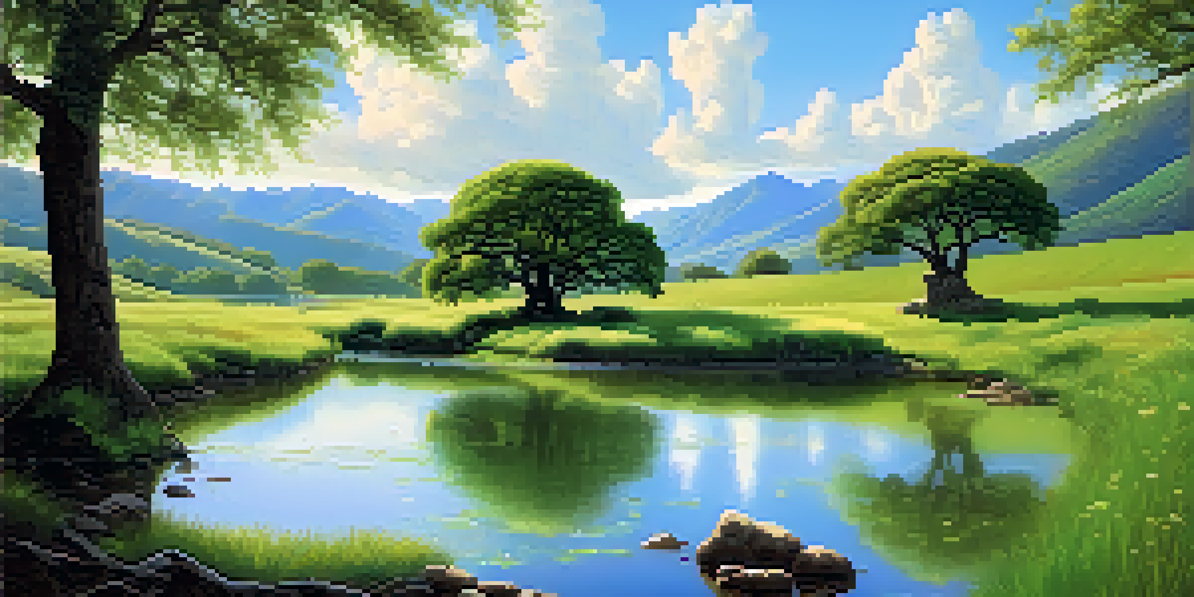 A peaceful valley with a large oak tree, a flowing stream, and distant mountains under a clear blue sky.